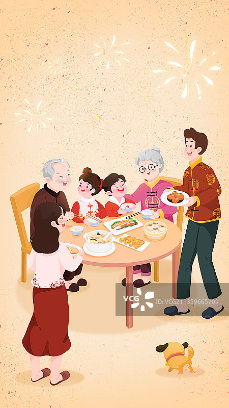 正月初六话家常春节家庭聚会年俗插画图片素材