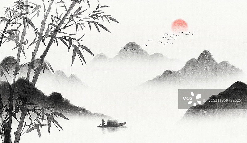新中式水墨山水插画图片素材