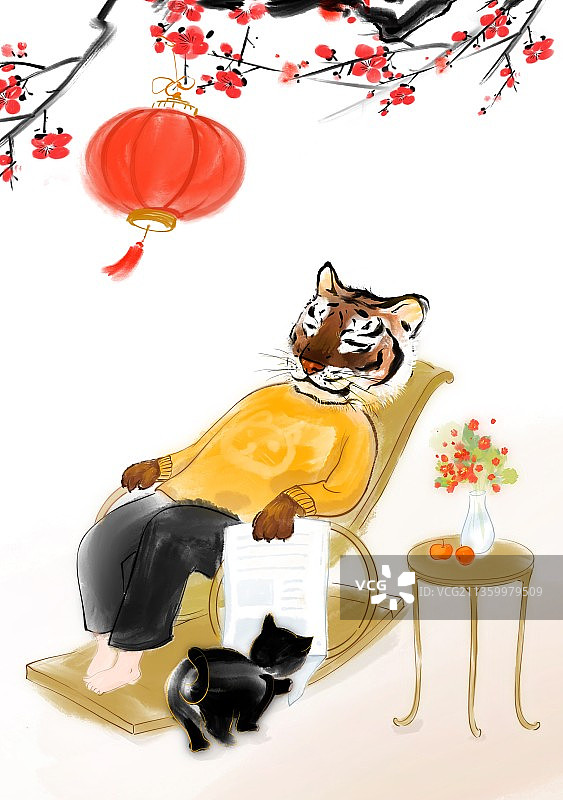 虎年春节年画拟人老虎躺椅睡觉图片素材