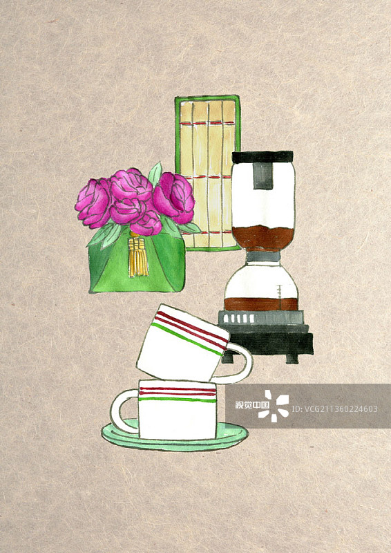 插图的咖啡壶和咖啡杯旁边的旧书和传统礼品包图片素材