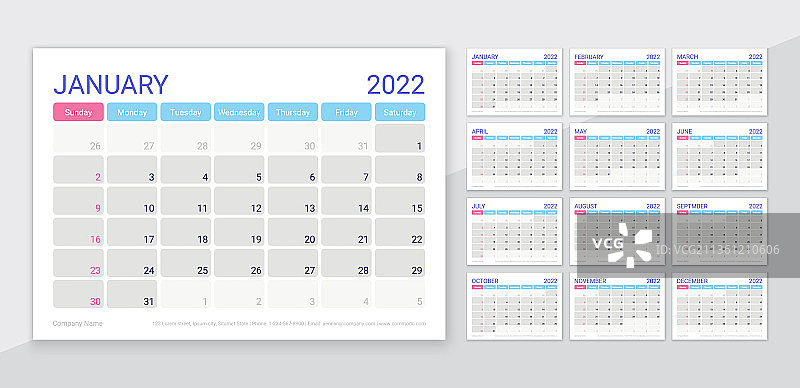 2022年日历规划模板月度网格的图片素材