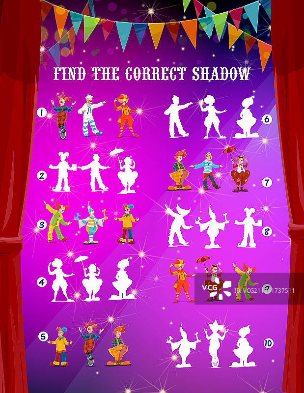儿童迷宫游戏找到正确的马戏团小丑影子图片素材