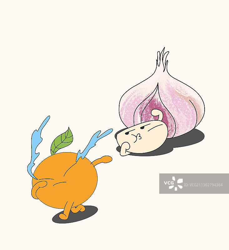 搞笑可爱趣味水果和蔬菜橘子大蒜搞怪漫画插画图片素材