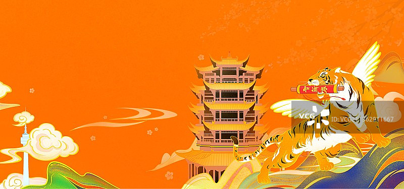 2022年虎年春节如虎添翼过年创意插画湖北武汉黄鹤楼图片素材