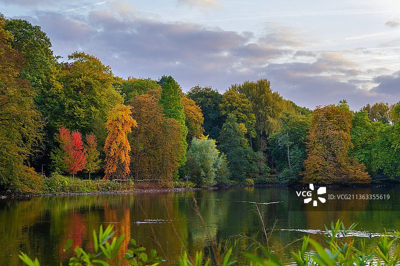 风景，秋日里，在天空的映衬下，湖的风景图片素材