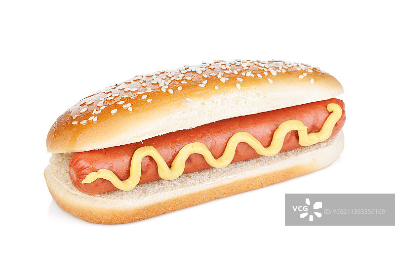 芥末热狗，白色背景下的汉堡特写图片素材