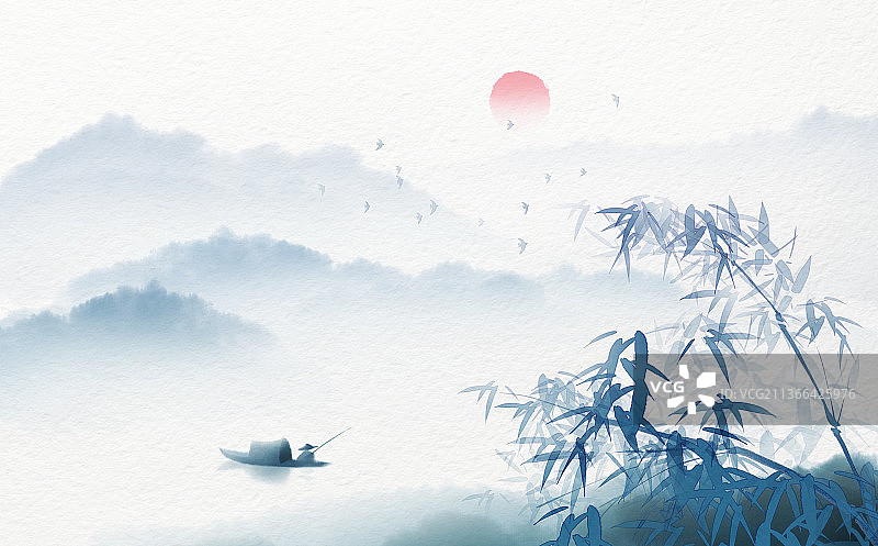 新中式水墨意境风景插画图片素材
