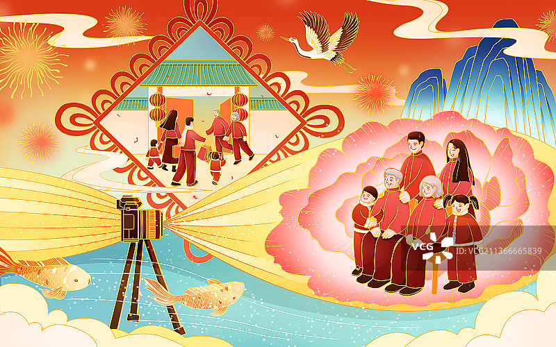 中国风春节大年初二全家福回娘家横版图片素材