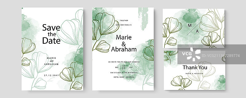 水彩婚礼集卡片与叶子图片素材