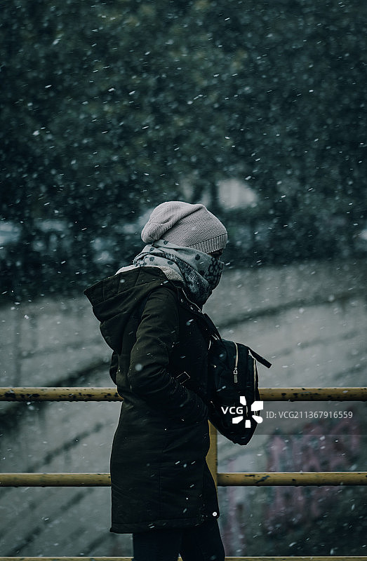 侧视图的女人走路时下雪图片素材