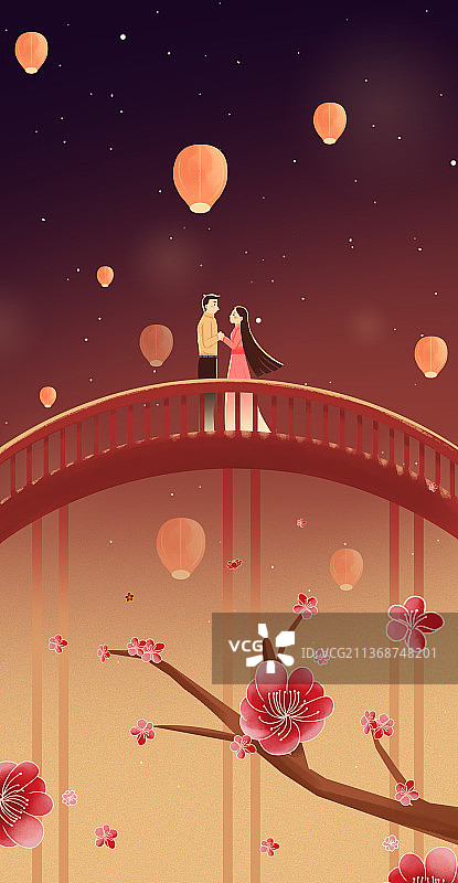 传统节日情人节浪漫鹊桥相会爱情温馨浪漫约会七夕桃花插画图片素材