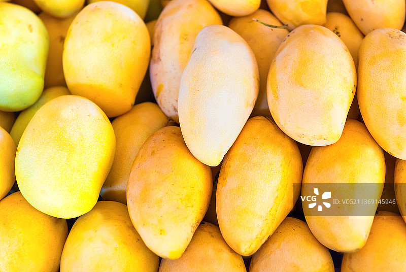 水果市场上有很多芒果，全帧拍摄的芒果在市场摊位上出售，曼谷，泰国图片素材
