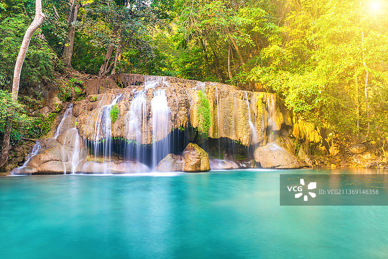 野生雨林中美丽的瀑布，森林中的瀑布美景图片素材