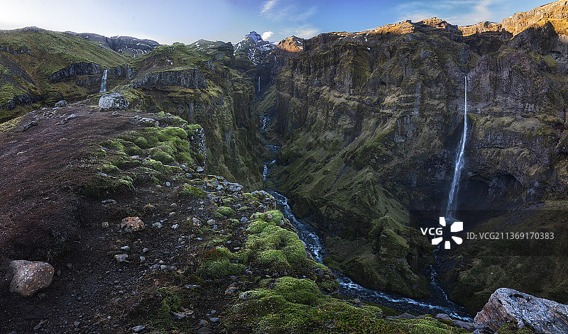 瀑布与天空的对比，冰岛图片素材