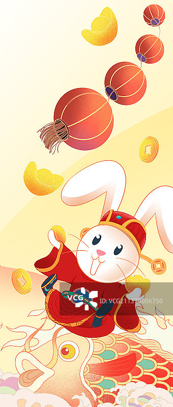 2023年兔年新年新春春节过年卡通可爱小兔子财神爷拜年喜庆插画图片素材