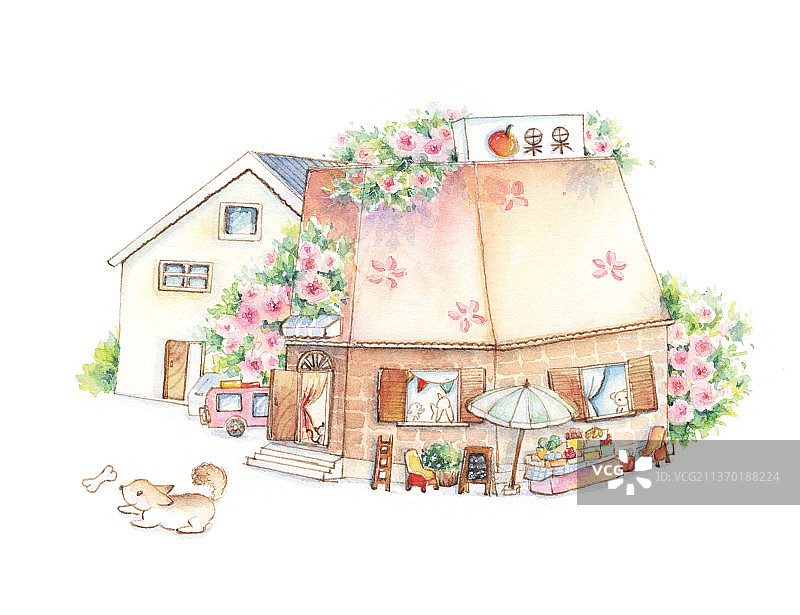 水彩手绘白色背景可爱的小清新店铺小洋楼图片素材