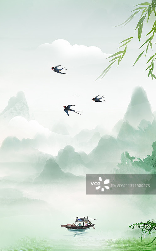 中国风写意山水画风景节气背景插画图片素材