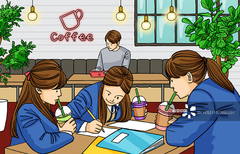 男子和三个学生坐在咖啡馆的书桌前学习的插图图片素材