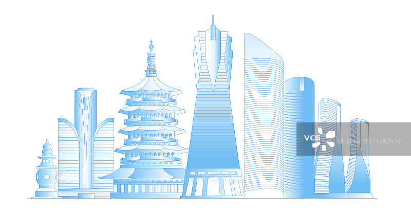 杭州城市地标建筑群矢量插画图片素材