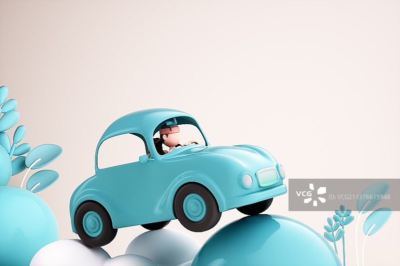 3D渲染的可爱女司机与汽车图片素材