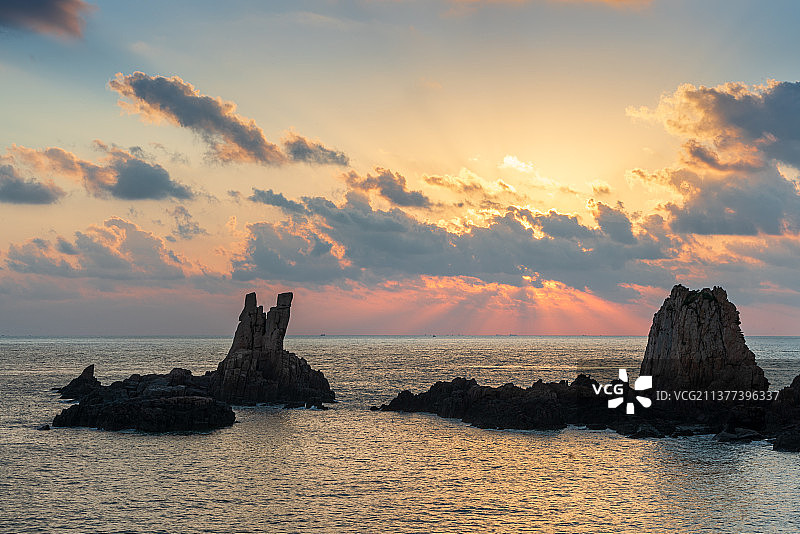 温州洞头海洋岛屿礁石海滩早晨黄昏日出日落图片素材
