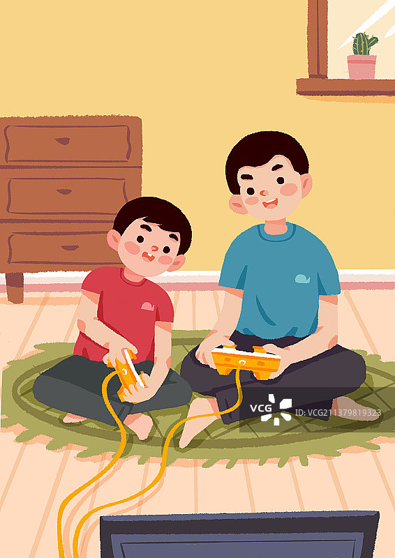 父亲和儿子坐在客厅里玩游戏图片素材