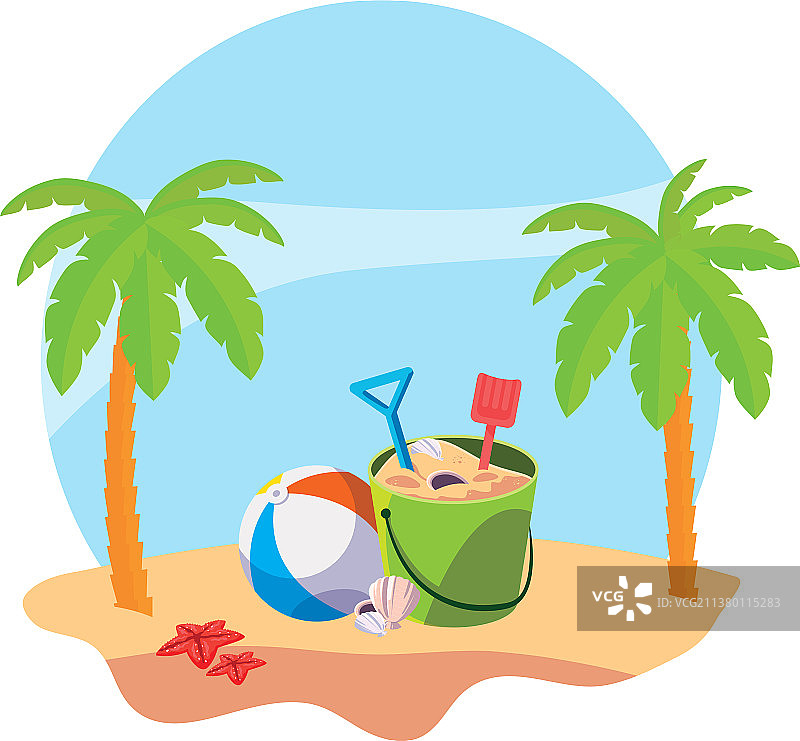 夏天的海滩，棕榈树和沙桶的场景图片素材