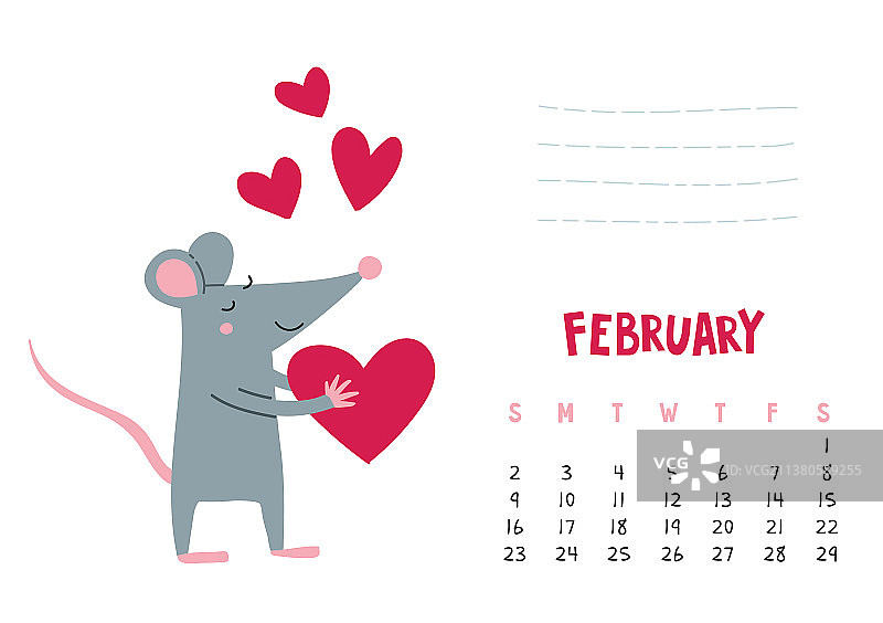 二月日历页上有可爱的老鼠与心图片素材