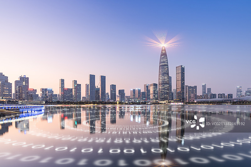 深圳后海金融区城市天际线和科技大数据概念图片素材