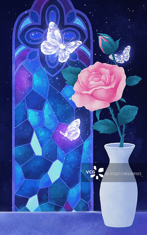 梦幻星空玫瑰和蝴蝶插画图片素材