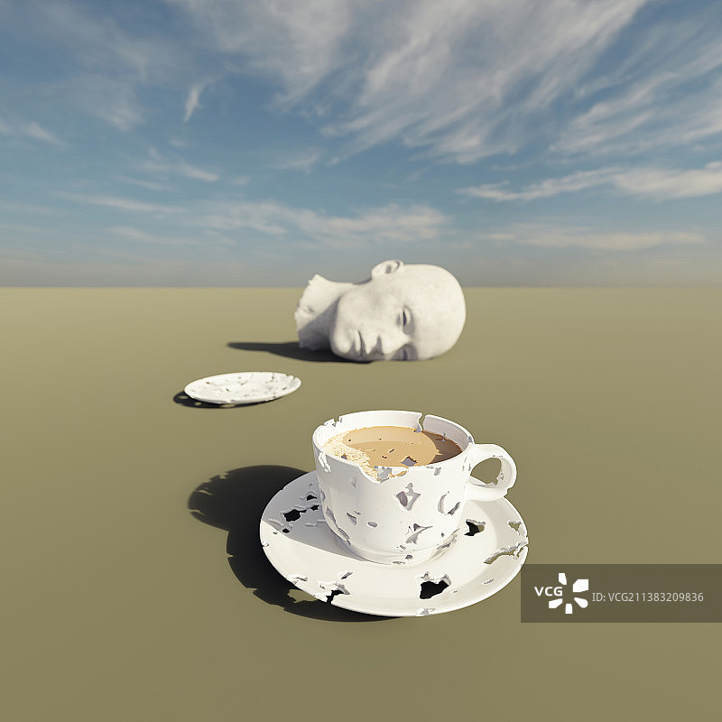 分解静物:咖啡杯和头部图片素材