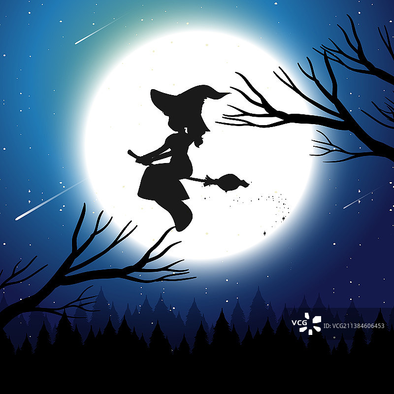 万圣节的夜晚背景与女巫的剪影图片素材