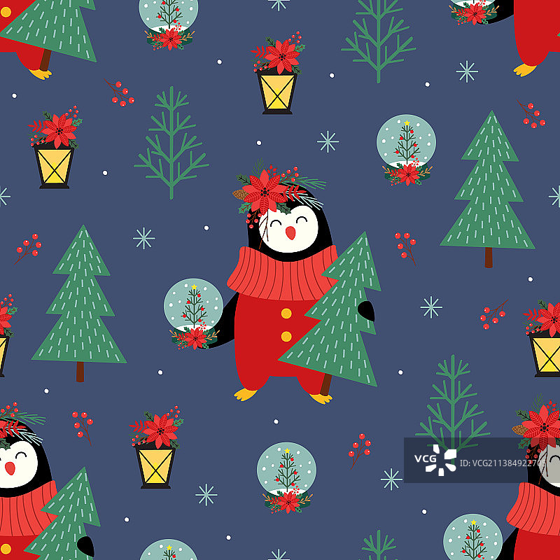 企鹅和圣诞树的无缝图案图片素材