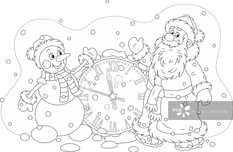 圣诞老人和雪人和一个钟图片素材