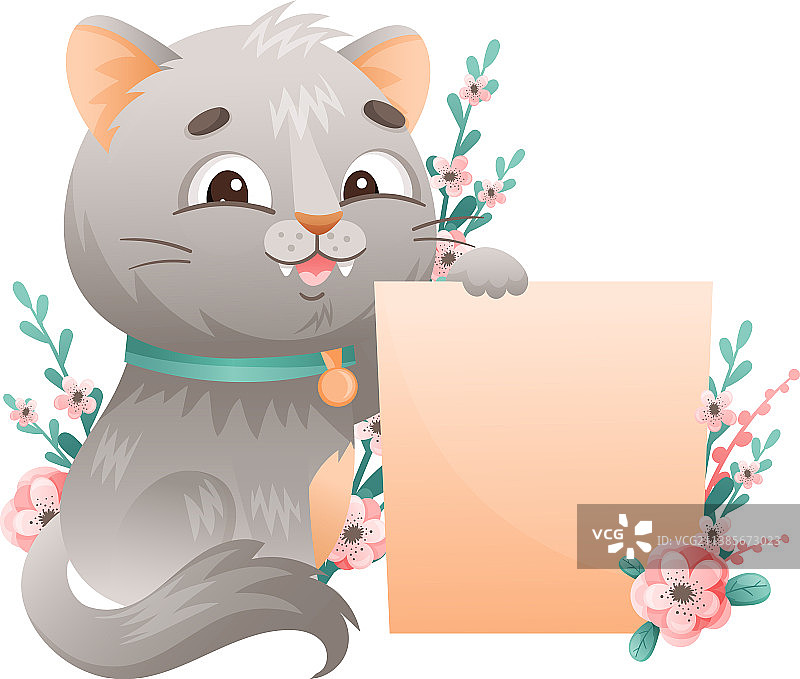 可爱的灰猫带着花坐在空图片素材