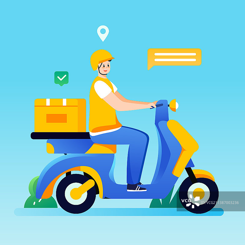 互联网商务购物快递员送货物流运输骑行插画图片素材