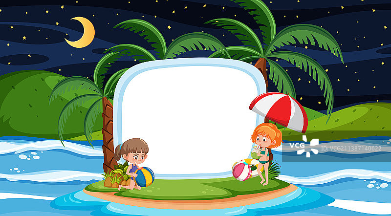 孩子们在度假的海滩夜景与一个图片素材