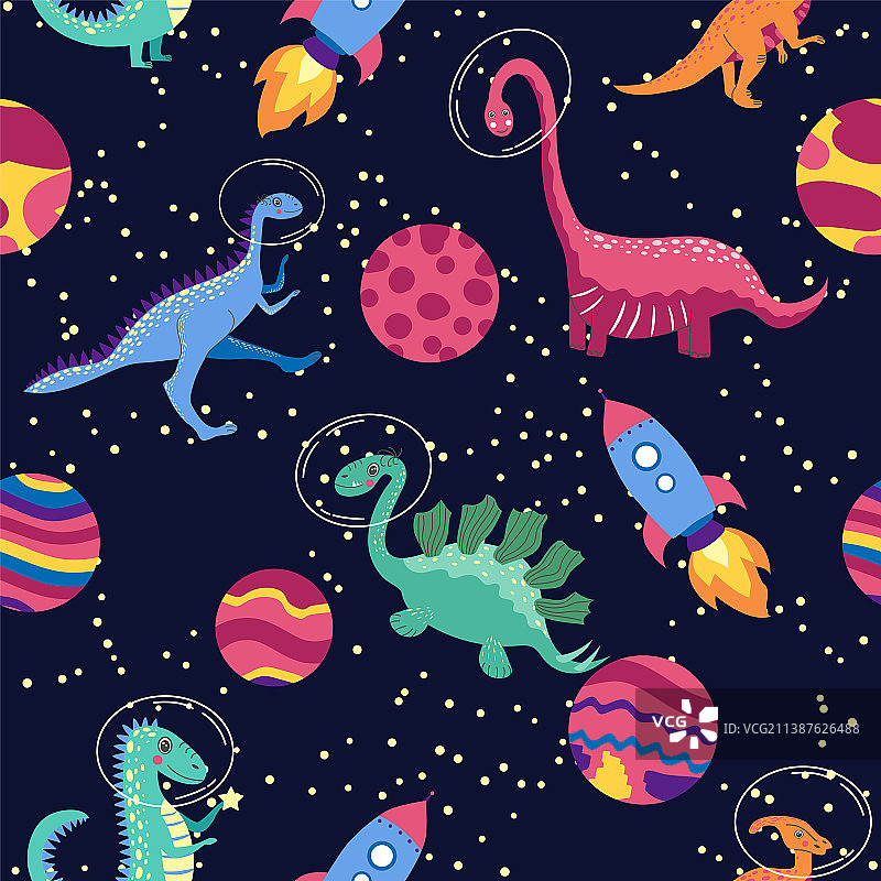 恐龙在太空中无缝图案可爱的龙图片素材
