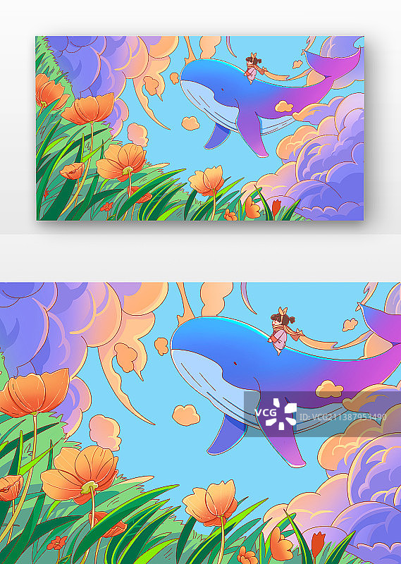 蓝紫童年唯美儿童鲸鱼在天空插画图片素材