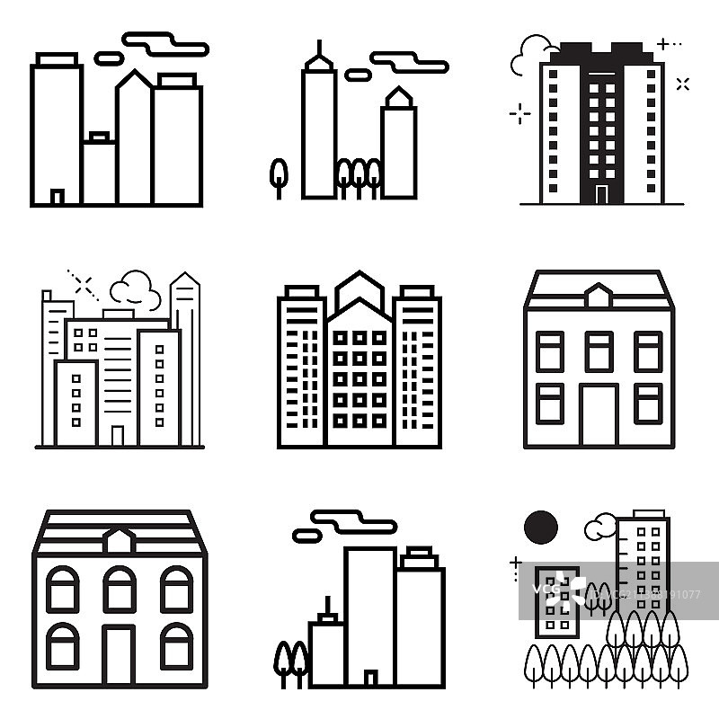 城市建筑平面图标集孤立图片素材