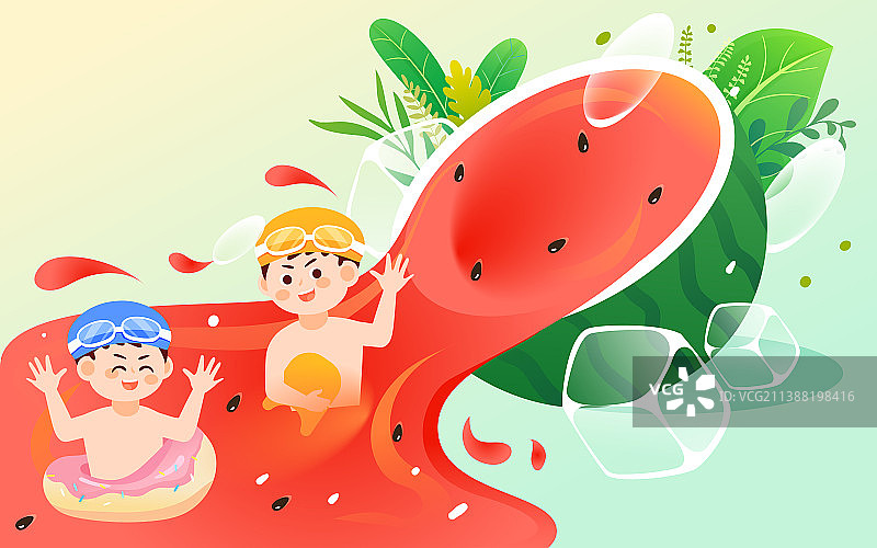 小暑节气人物吃西瓜度假娱乐休闲水果插画图片素材