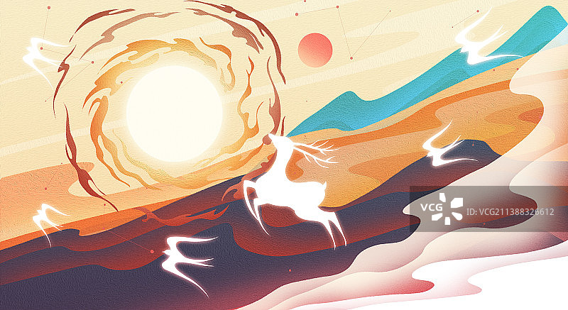 敦煌壁画神秘的梅花鹿与太阳风景装饰插画图片素材