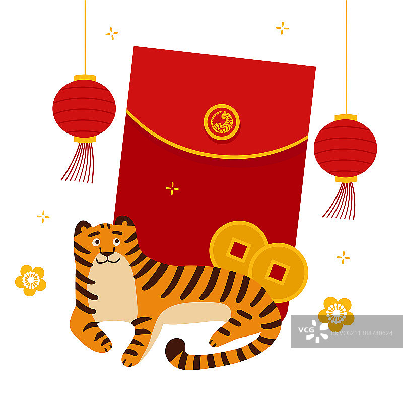 祝2022年中国新年快乐，可爱的老虎在说谎图片素材