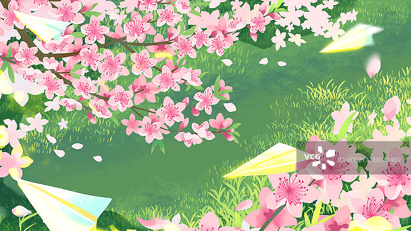 三月春风桃花草地纸飞机系列插画图片素材