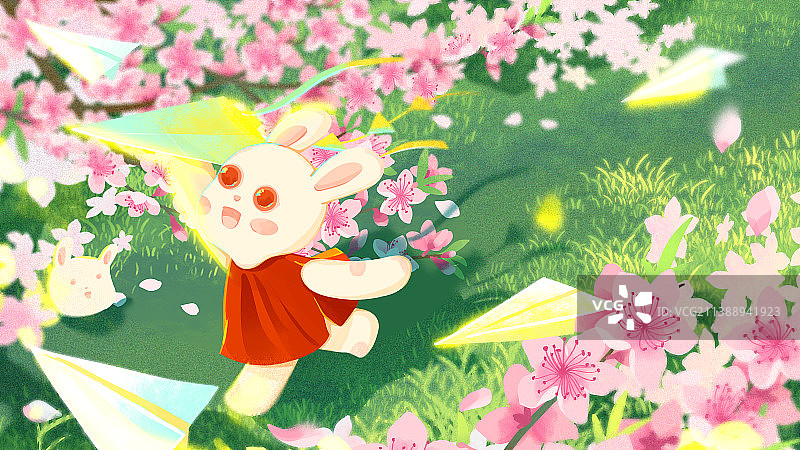 兔年三月桃花草地纸飞机小兔子系列插画图片素材