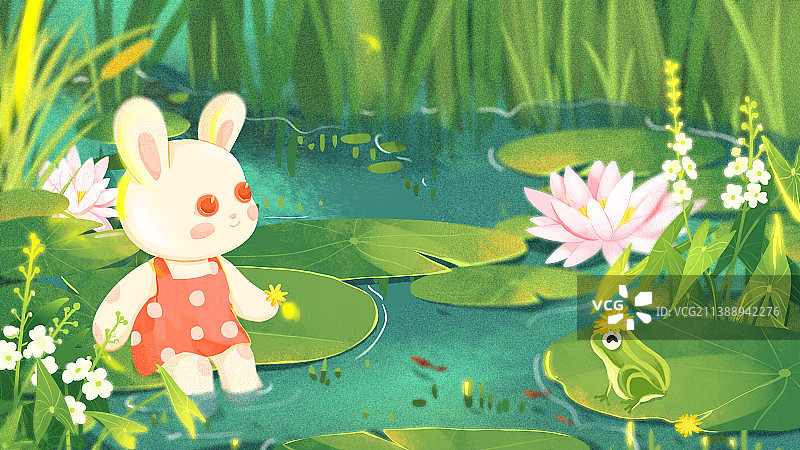 兔年七月睡莲池塘青蛙水草小兔子系列插画图片素材