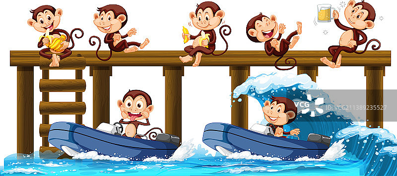 许多猴子在冲浪板上冲浪图片素材