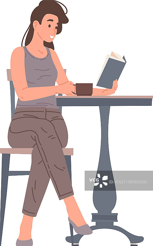 轻松的年轻女子坐在咖啡馆的桌子上看书图片素材