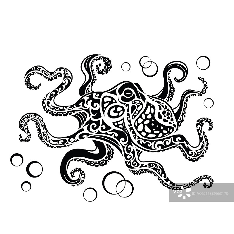 程式化章鱼在黑色的标志孤立的颜色图片素材