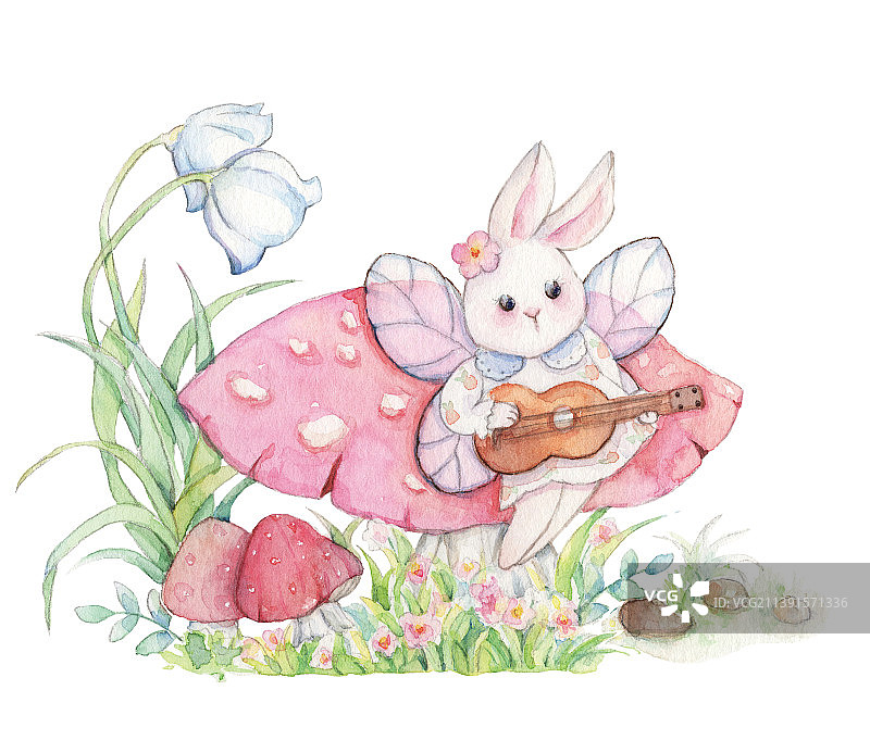 水彩手绘蘑菇森林童话故事中的坐着蘑菇上的小兔子弹吉他图片素材